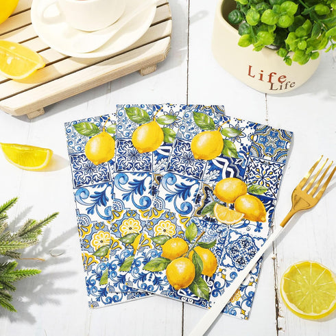 80Pcs Blue Yellow Lemons Paper Guest Napkins, 3 Ply Disposable Dinner Hand Napkin Towel for Party Supplies