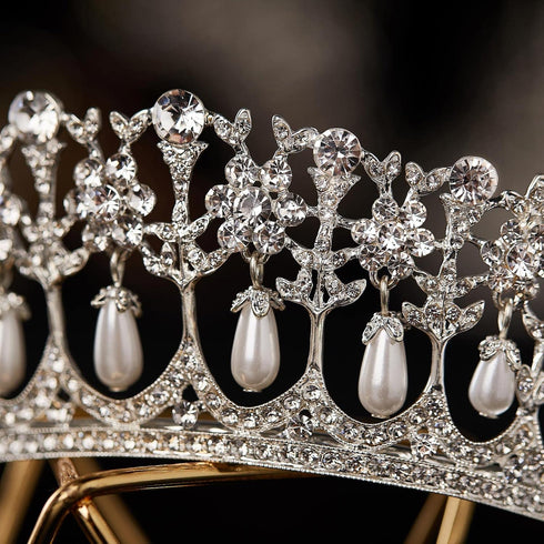 SWEETV Princess Diana Tiara for Women, Silver Pearl Wedding Crown for Bride
