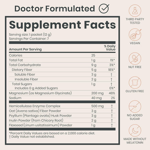 Digestive Enzymes & Fiber Supplement Powder, 7 Servings - Bedtime Gut Support with Prebiotic Fiber & Magnesium
