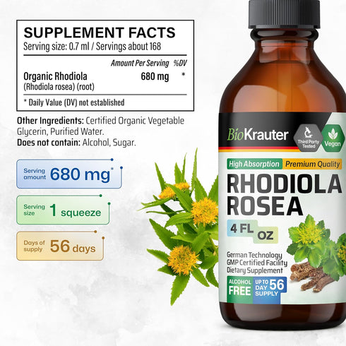 Organic Rhodiola Rosea Liquid Supplement - Vegan Adaptogenic Drops for Mood & Brain Support - Alcohol & Sugar Free, 4