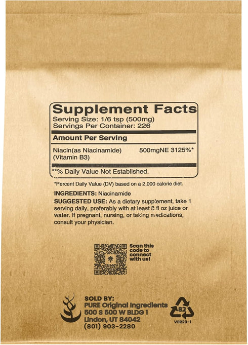 Pure Original Ingredients Niacinamide 4oz - Flush-Free, Gluten-Free