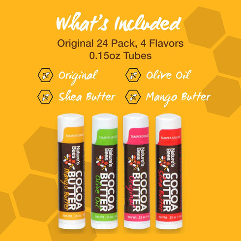 Nature's Bees Cocoa Butter Lip Balm Moisturizer, 24 Pack with 4 Flavors, 0.15 oz Each