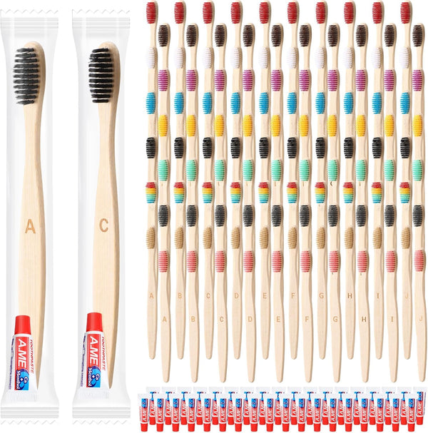 Sieral 120 Pcs Bamboo Toothbrush with Toothpaste, Individually Wrapped Disposable Travel Toothbrush Kit for Hotel,
