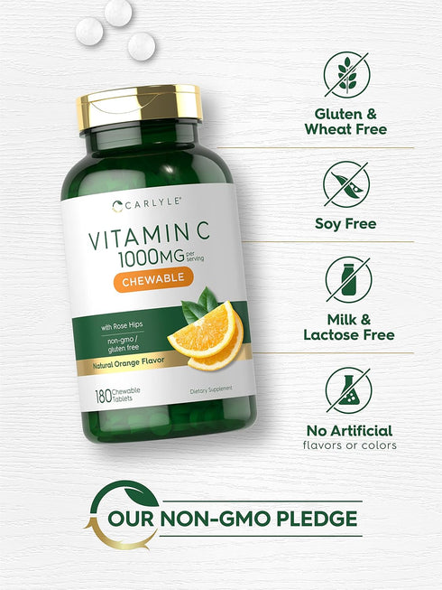 Carlyle Vitamin C Chewables, 1000mg, 180 Chewable Tablets, Vegetarian, Non-GMO, Gluten Free Supplement