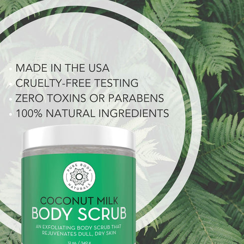 Pure Body Naturals Exfoliating Body Scrub, 12 Ounce with Hydrating Coconut Milk and Detoxifying Dead Sea Salt