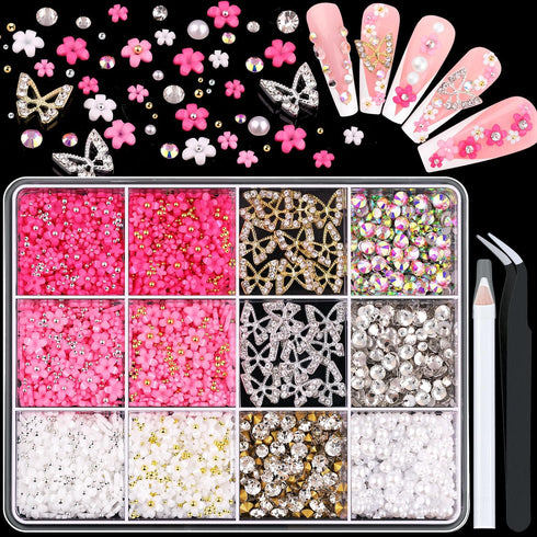 3D Nail Charms and Gems Set 1, 20PCS Gold Silver Chunky Butterfly Charms with Rhinestones for Y2K Decoration