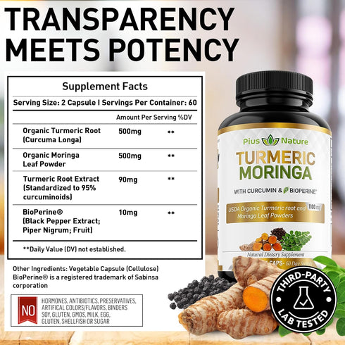 Turmeric Moringa Organic Turmeric Curcumin and Moringa Powder, 120 Veggie Capsules
