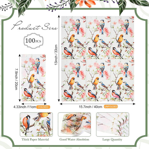 Outus 100 3 Summer Pcs Spring Floral Bird Guest Napkins Ply Vintage Themed Guest Towels Flower and Bird Fancy Napkins