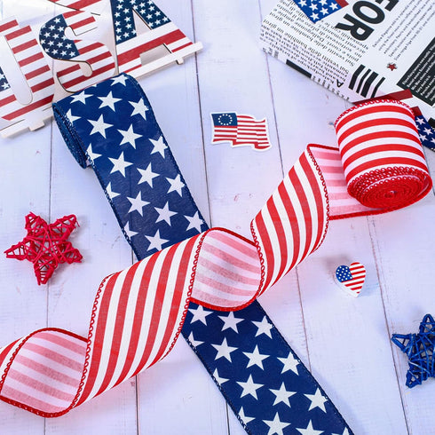 Whaline Patriotic Wired Edge Ribbon, 2 Rolls, Stars Stripes Craft Ribbon for 4th of July, Independence Day, DIY Crafts