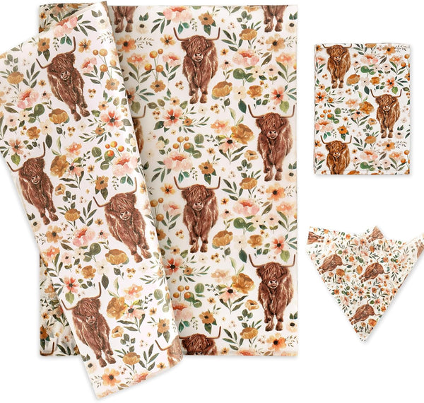 AnyDesign Boho Floral Highland Cow Tissue Paper, 100 Sheet Watercolor Flower Art Tissue for DIY Crafts Gift Packing