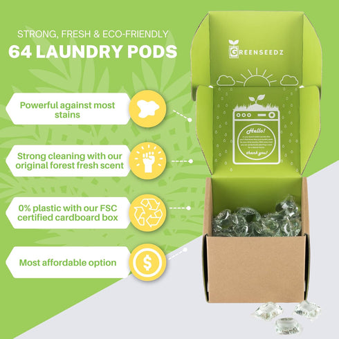 Eco Friendly Laundry Detergent Pods, 64 Pacs, Powerful Stain and Odor Removal, Biodegradable, HE Compatible