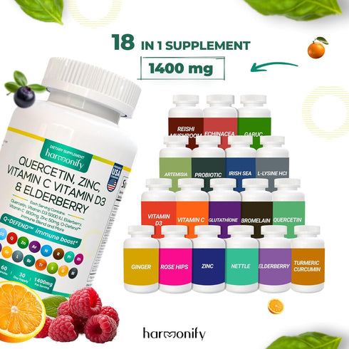 Quercetin with Bromelain, 18 in 1 Supplements Zinc Elderberry Vitamin C & D 5000 IU, Artemisinin, Irish Sea Moss, Echinacea, Garlic, Turmeric, Reishi, Ginger Powder, 1400 mg