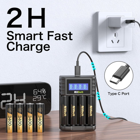 MXBatt 1.5V 3400mWh 8 Packs 1500 AA Batteries Rechargeable with LCD Charger, High Capacity, Lithium Batteries Cycles