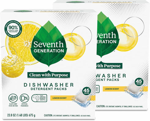 Seventh Generation Dishwasher Detergent Packs, Lemon Scent, 2 Pack, 45 Count for Sparkling Dishes