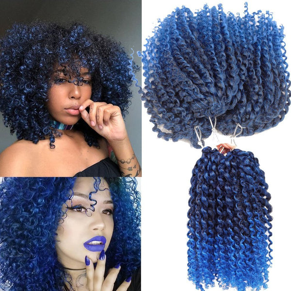 Short Hair Style Kinky Curl Ombre Color Blue 8 Inch 3 Little Pcs/Pack Afro Kinky Twist Hair Crochet Extensions (1B/BLUE)