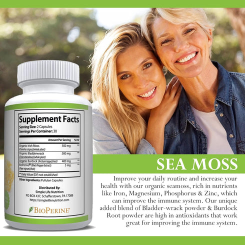 Organic Irish Sea Moss Capsules 1400MG with Burdock Root, Bladderwrack & Black Pepper, 60CT Supplement