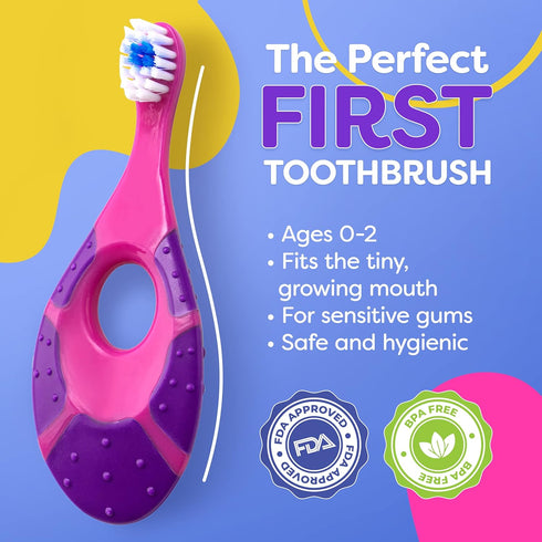 Trueocity Baby Toothbrush 4 Pack & Bonus Silicone Finger Brush, Soft Bristles for 0-2 Years, Pink