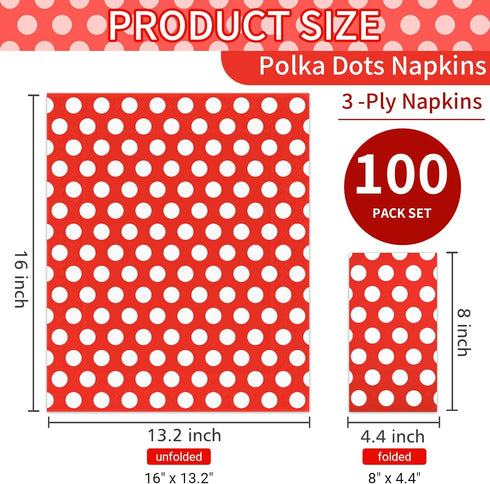 DYLIVeS 100 Pack Red and White Polka Dots Guest Towel Napkins, 3-Ply Disposable Dinner Napkins for Parties & Events