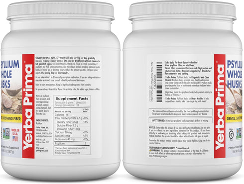 Yerba Prima Psyllium Whole Husks Fiber Supplement - Vegan, Non-GMO, Gluten Free for Colon Cleanse (20oz)