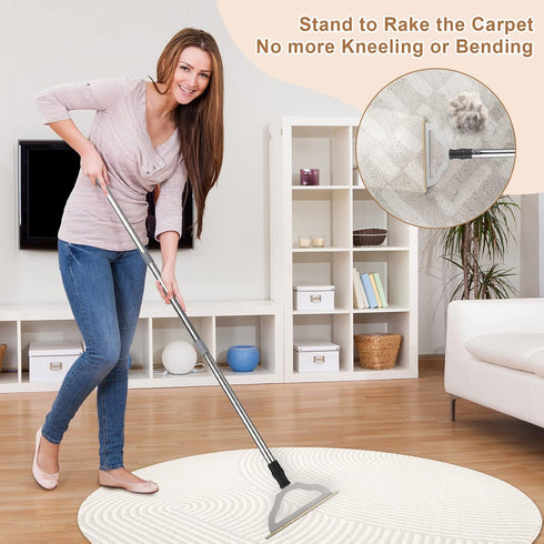 47“ Adjustable Long Handle Carpet Rake Pet Hair Remover, Reusable Metal Lint Remover Brush for Low Pile Rugs & Stairs