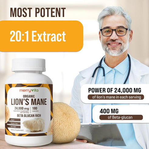 Immune 180 MERRY VITA Lions Mane Supplement Capsules Mushroom Supplement for Brain, Memory & Focus - Non GMO, Vegan