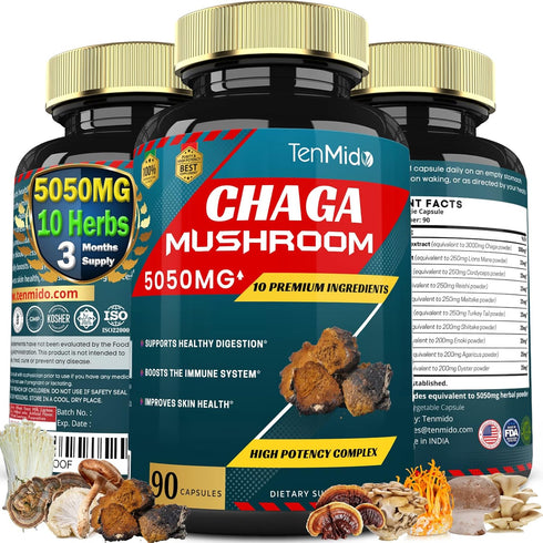 Chaga Mushroom Extract Capsules - Equivalent to 5050mg, Digestive Health, Anti-Aging, Immune Support, 3 Months Supply