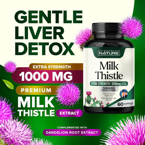Milk Thistle 1000mg - 60 Veggie Capsules for Liver Detox with Silymarin Extract & Dandelion Root, Non-GMO
