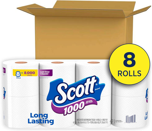 Scott 1000 Toilet Paper, 8 Rolls, 1-Ply Toilet Tissue, Septic-Safe