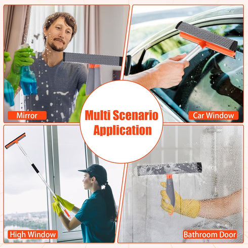 Window Squeegee for Home, 2 in 1 Cleaning Tool with Extension Pole for Shower, Car, Mirror, and Glass