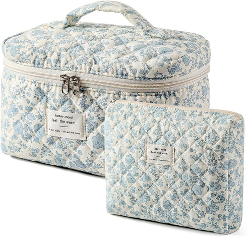 2 Pcs Large Quilted Makeup Bag - Cotton Quilted Toiletry Bag for Women, Cute Kawaii Travel Cosmetic Bags (03 Lightblue