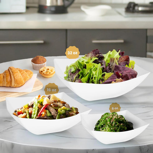 R-kay 6 Pack Square Plastic Serving Bowls, 32 Oz White Plastic Bowls for Salad, Heavy Duty Disposable