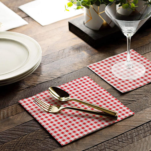 Gatherfun 80PCS Cocktail Napkins, 3-ply Red and White Gingham, Disposable Paper Beverage Napkins for Party, Bar, Picnic