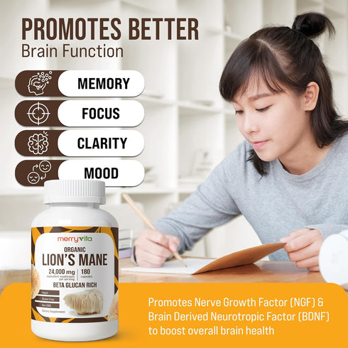 Immune 180 MERRY VITA Lions Mane Supplement Capsules Mushroom Supplement for Brain, Memory & Focus - Non GMO, Vegan