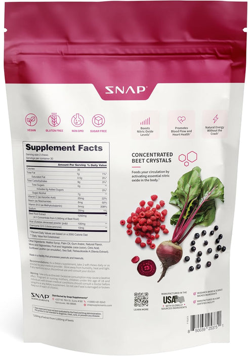 Snap Supplements Nitric Oxide Beet Chews, 60 Soft Chews, Natural Energy, Sugar-Free