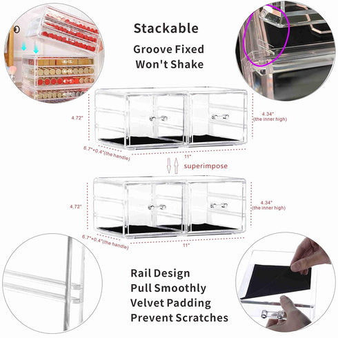 Pack of 2 Acrylic Countertop Stackable Drawers, Clear Organizing Bins for Cosmetics, Jewelry, Hair Accessories, Makeup