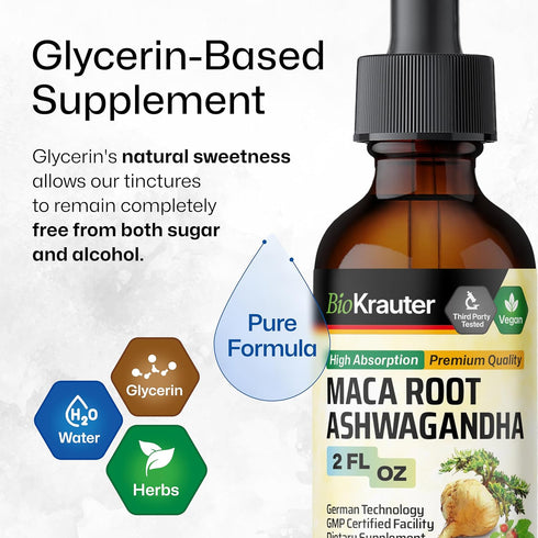Maca Root and Ashwagandha Tincture | Organic Liquid Supplement for Men & Women | Adaptogenic Mood Support | Alcohol and