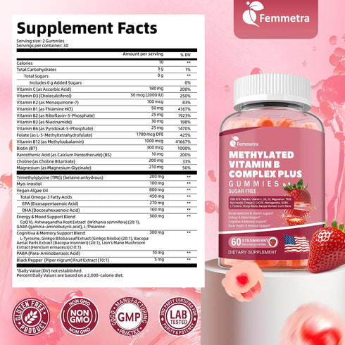 Gummies D3 K2 3 CoQ10 B12, B1, B2, B3, B5, B6, B7 B9 Ultra Methylated Vitamin B Complex Sugar Free - All B Vitamins +