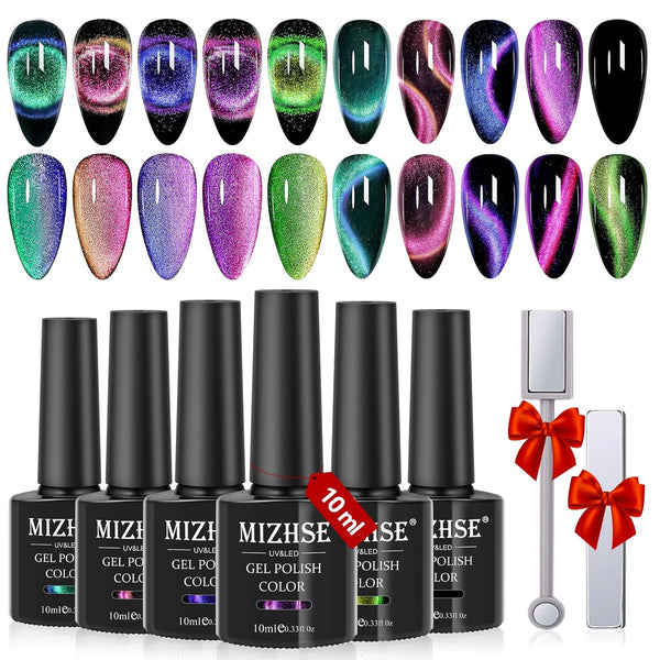 MIZHSE 9D Cat Eye Gel Nail Polish Set, Magnetic Cat Eye Gel Polish, 10ml*6 with 2 Magnets, Chameleon Magic Effect
