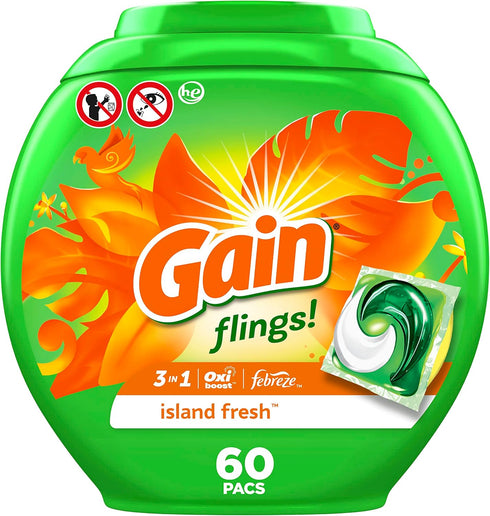 Gain flings! Laundry Detergent Soap Pacs, HE Compatible, 60 Count, Long Lasting Scent, Island Fresh