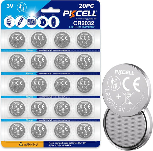 PKCELL CR2032 Batteries 20-Pack High Capacity 2032 Battery CR2032 Lithium 3V Coin Battery,