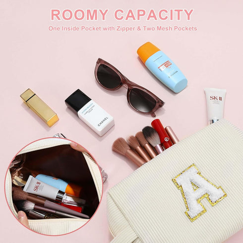 Personalized Monogram Makeup Bag, Cute Gifts for Women, Travel Makeup Organizer Bag, White Makeup Pouch with Letter S