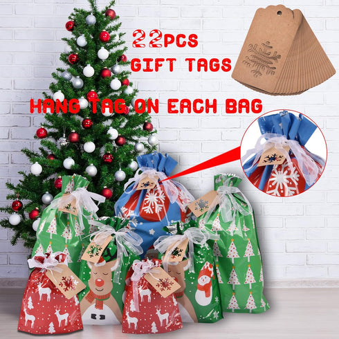 Christmas Gift Bags Assorted Sizes, 22pcs Drawstrings Reusable Plastic Holiday Gift Bags for Presents Wrapping