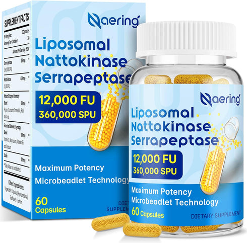 Liposomal Nattokinase 12,000 FU, Serrapeptase 360,000 SPU Enzyme Supplement - 60 Capsules for Circulatory, Gut,