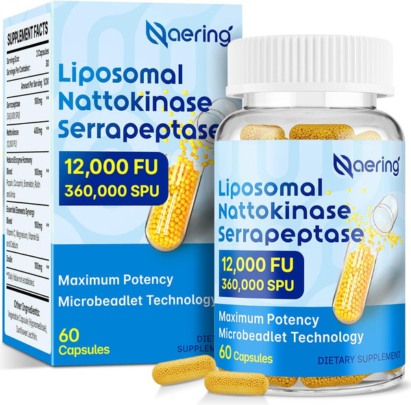 Liposomal Nattokinase 12,000 FU, Serrapeptase 360,000 SPU Enzyme Supplement - 60 Capsules for Circulatory, Gut,