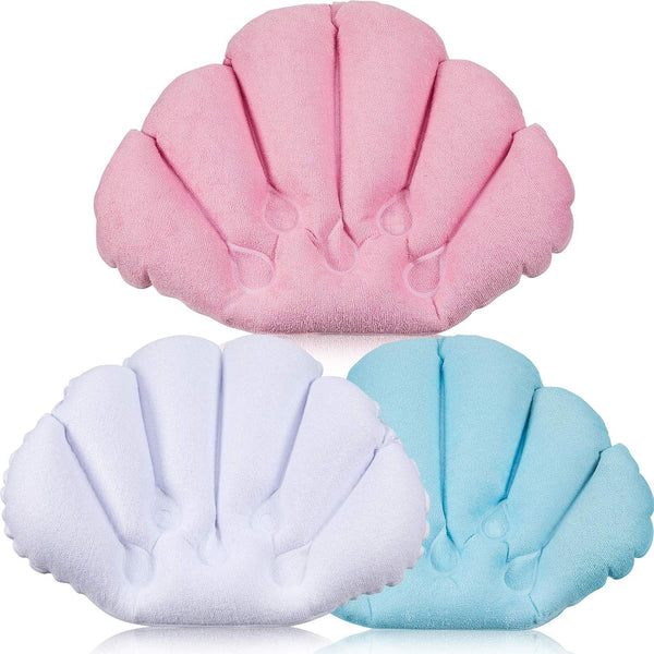 Jetec 3 Pieces Inflatable Bath Pillow with Suction Cups, Soft Terry Cloth Covered Shell Shape Bathtub Spa Pillow for
