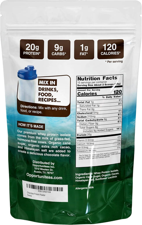 Opportuniteas Grass Fed Chocolate Whey Protein Isolate Powder - 20g Protein - 1lb, Non-GMO, Hormone-Free