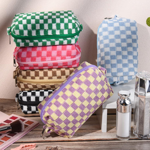 6 Pcs Checkered Makeup Bag - Preppy Cosmetic Bag Bulk, Pink Black Makeup Pouch, Personalize Travel Toiletry Organizer