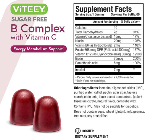 Vitamin B Complex Gummies with Vitamin C, Sugar Free, Vegan, Tasty Chewable Strawberry Flavored Gummy
