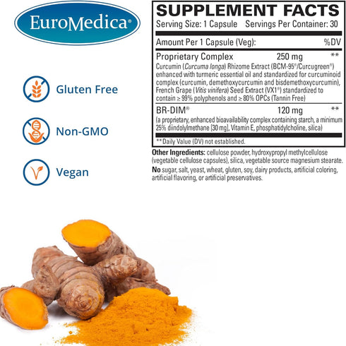 Euromedica DIM + Curcumin Supplement, 30 Capsules for Healthy Estrogen Metabolism, Non-GMO, Vegan