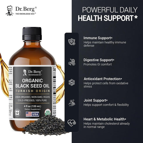 Immune 4 oz Dr. Berg Black Seed Oil Organic Cold Pressed Pure Nigella Sativa Black Cumin Oil USDA Organic, Halal, Vegan